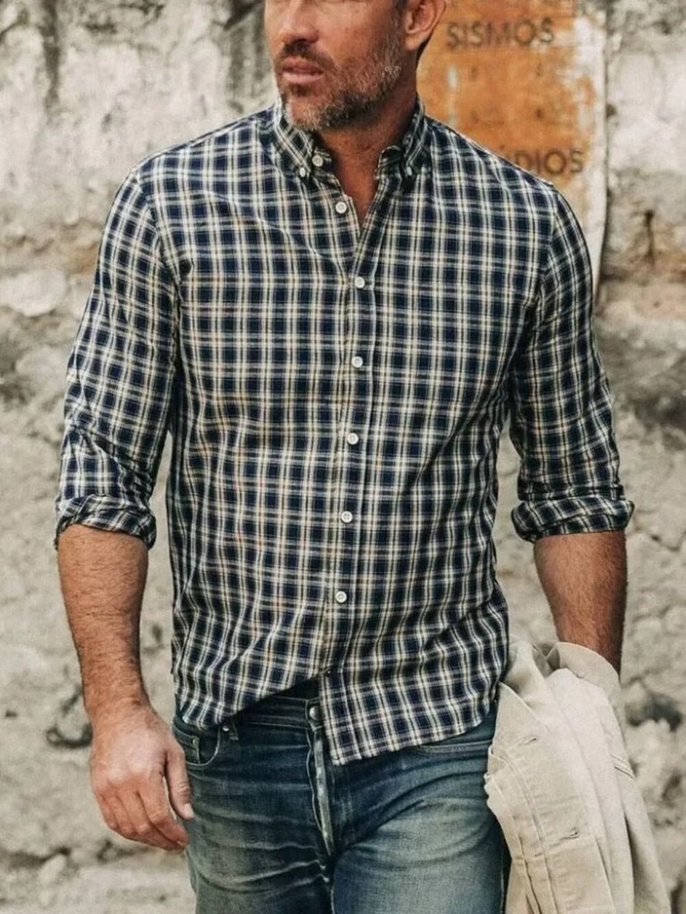 Taylor Stitch Navy and White Plaid Button-Down Shirt